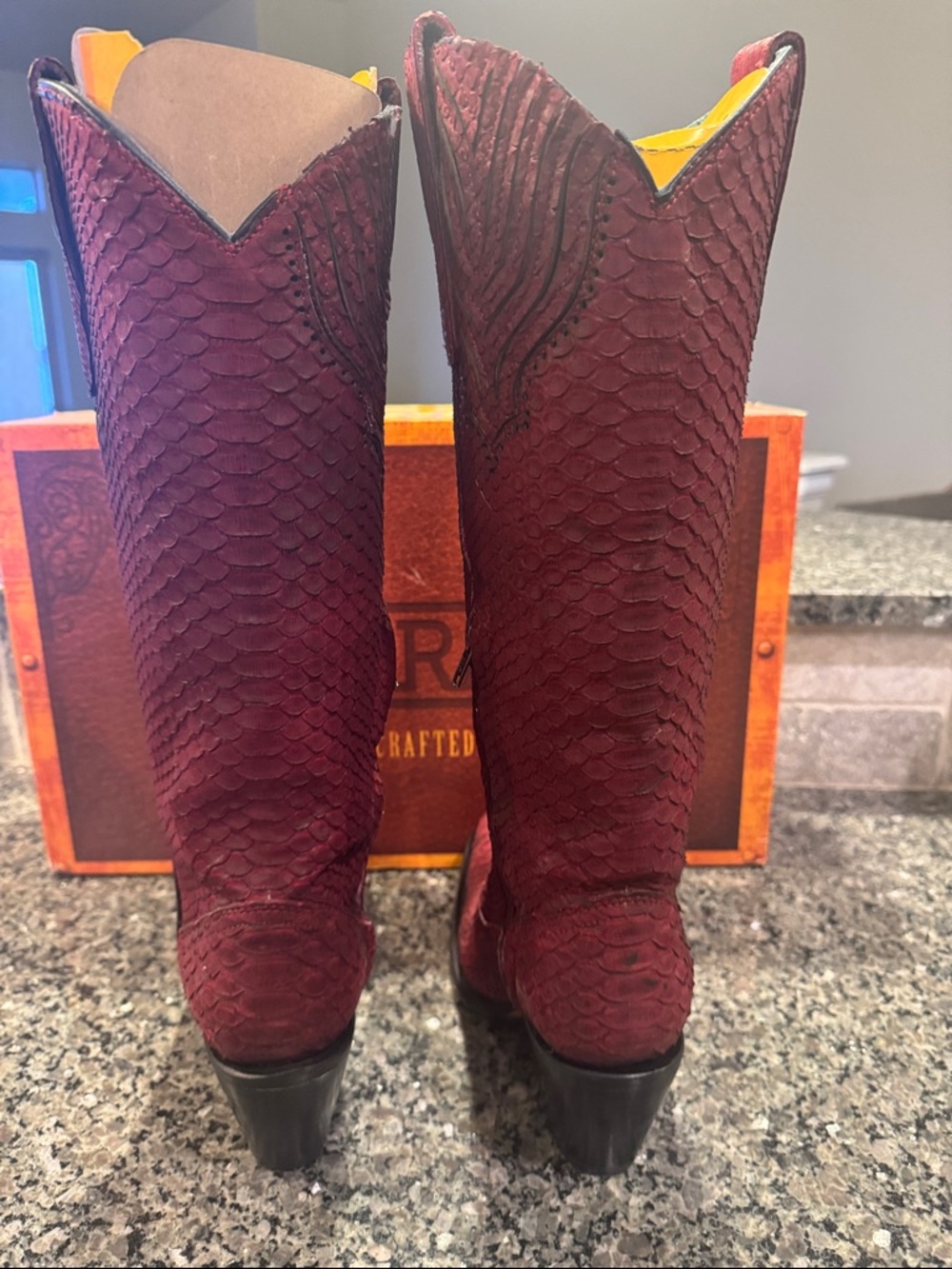 Burgundy python snip toe tall Heeled Boots - Picture 2 of 5
